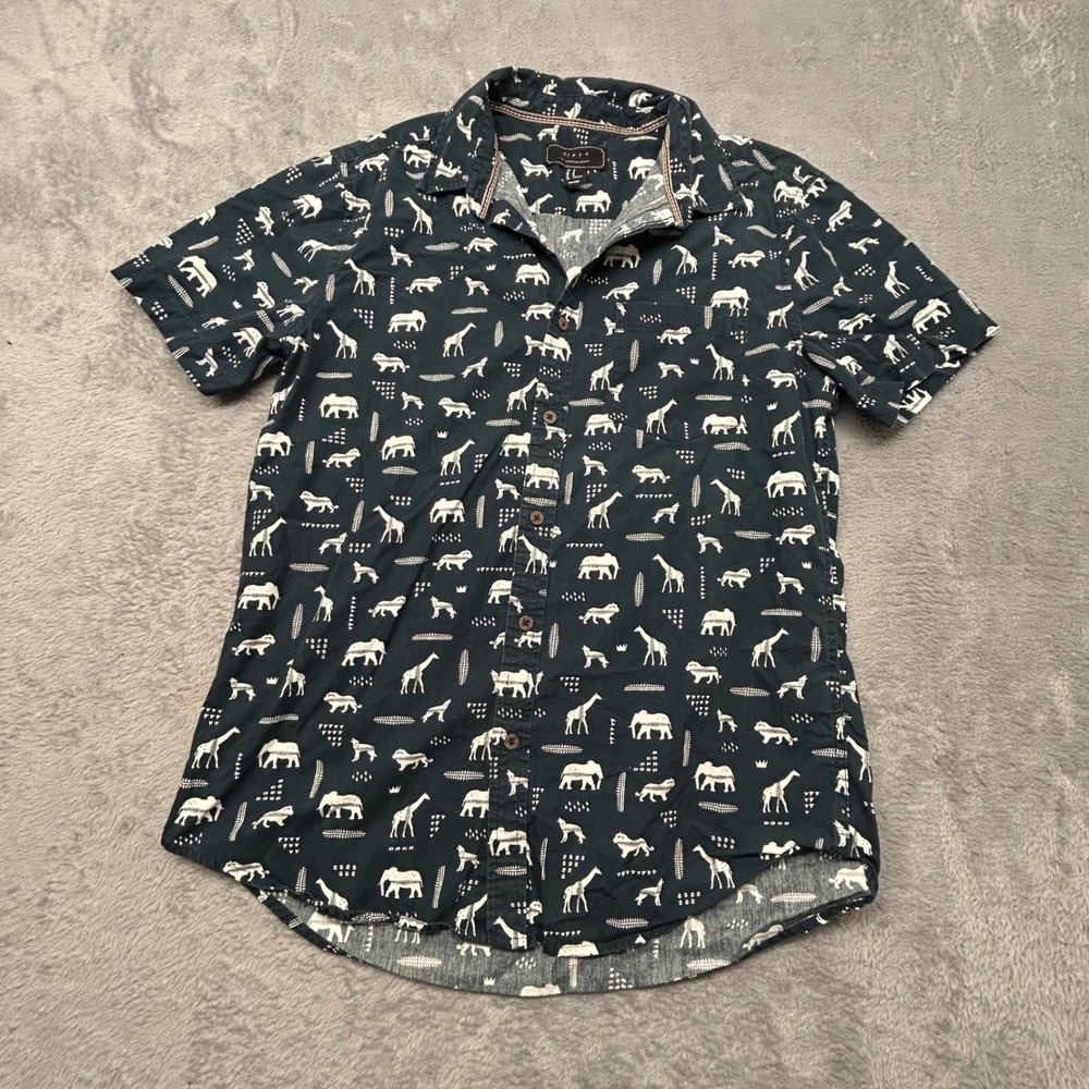 21 Men Navy Blue Safari Animal Print Short Sleeve Cotton Button Down Shirt M